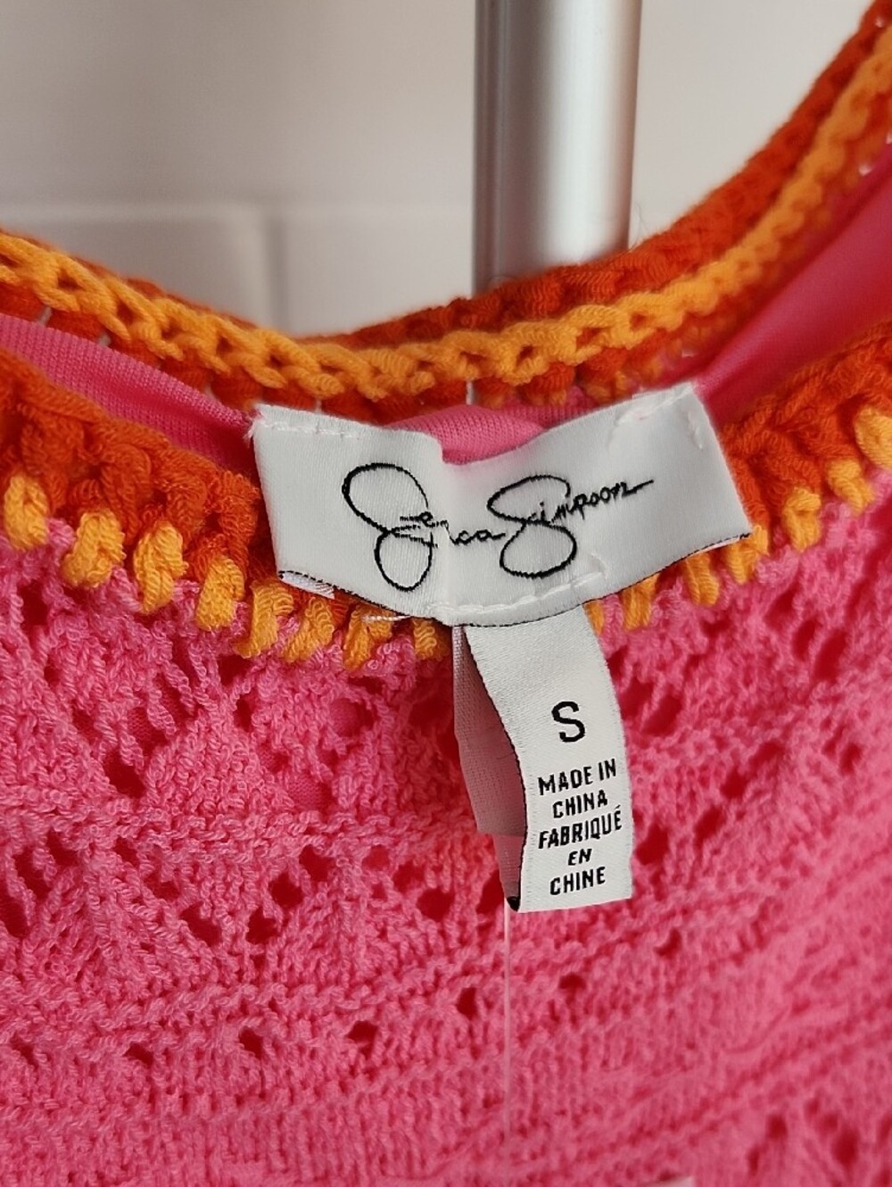 Pink Crochet Maxi Dress with Orange Trim, Small - Picture 2 of 9